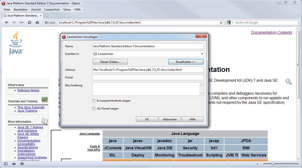 Java-Dokumentation installieren Lesezeichen