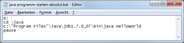 Java-Programme mit Hilfe einer Batch-Datei ausführen (absoluter Pfad)