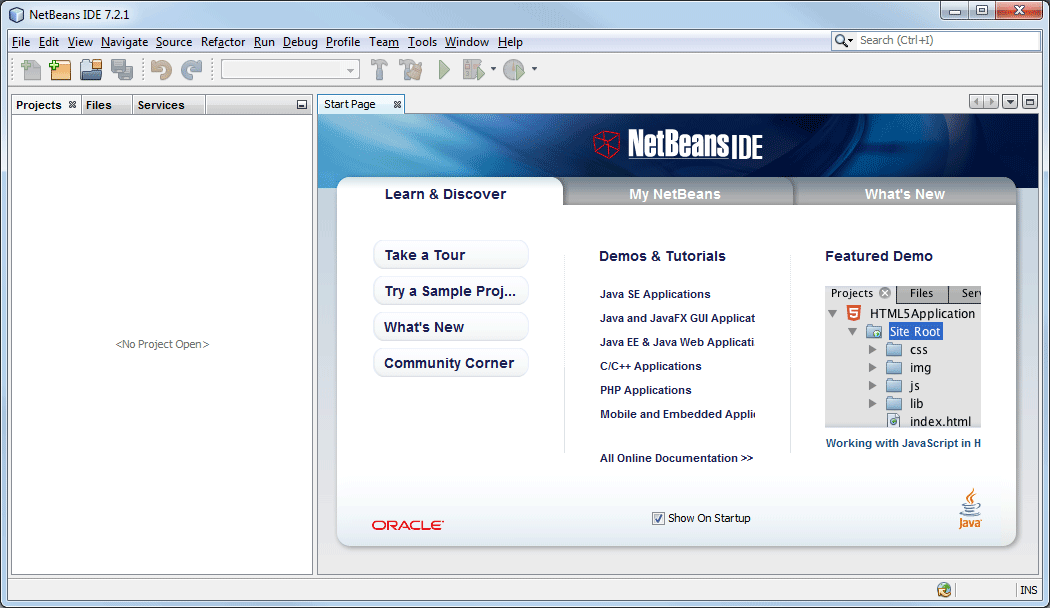 Java-Entwicklungsumgebung NetBeans Startbildschirm