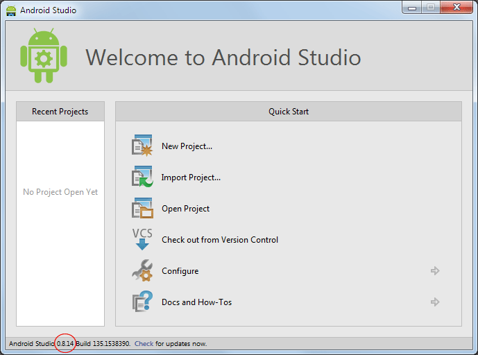 Android Studio Willkommensbildschirm Version 0.8.14