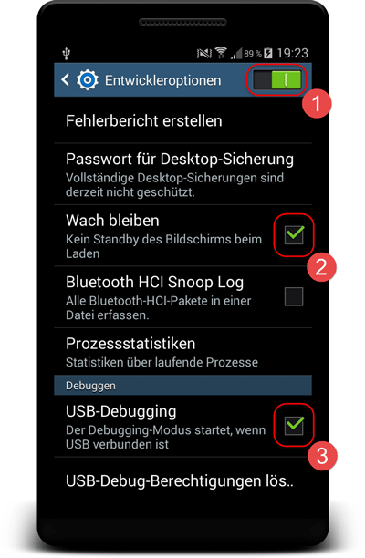 Android USB Debugging aktiv