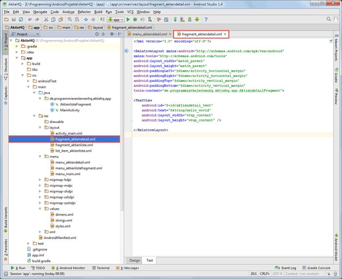 android intent fragment layout code