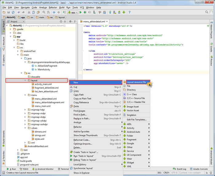 android intent fragment layout create