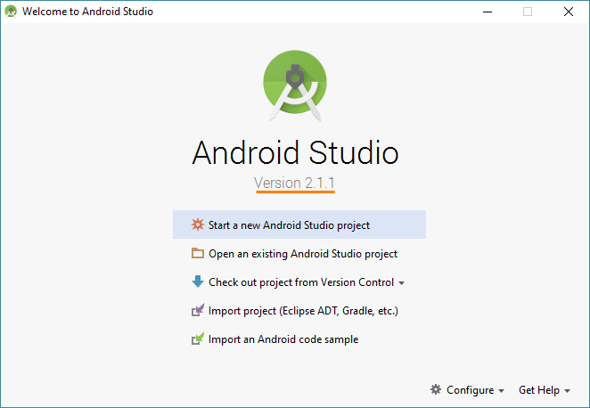 Android Studio Willkommensbildschirm